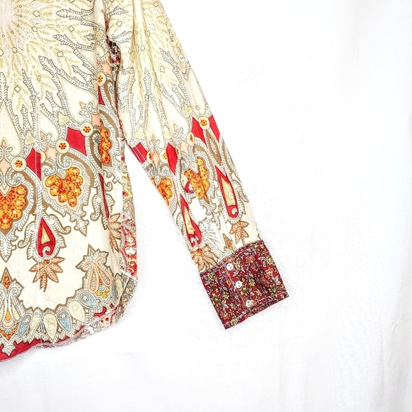 Cino designer button front, long sleeve top. Medium, Multi colored. - Picture 14 of 16